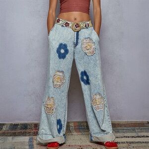 POL Bohemian Denim Wide Leg Flower Patch Jeans Pants S M L